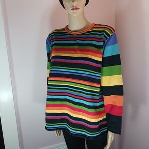 LIZ CLAIBORNE Colorful Striped Midweight Cotton Sweater Rolled Hems EUC